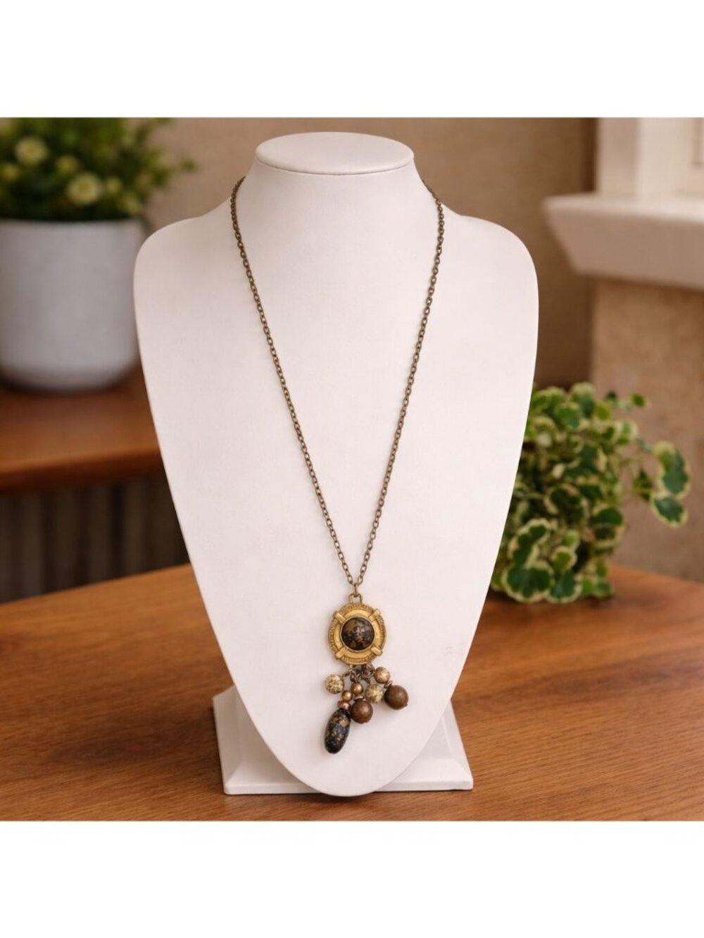 Gold Tone Brown Multi Stone Pendant Necklace Long 33 in Vintage Inspired Jewelry